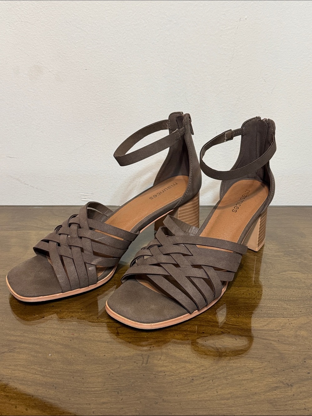 Maurices Brown Woven Ankle-Strap Block Heels